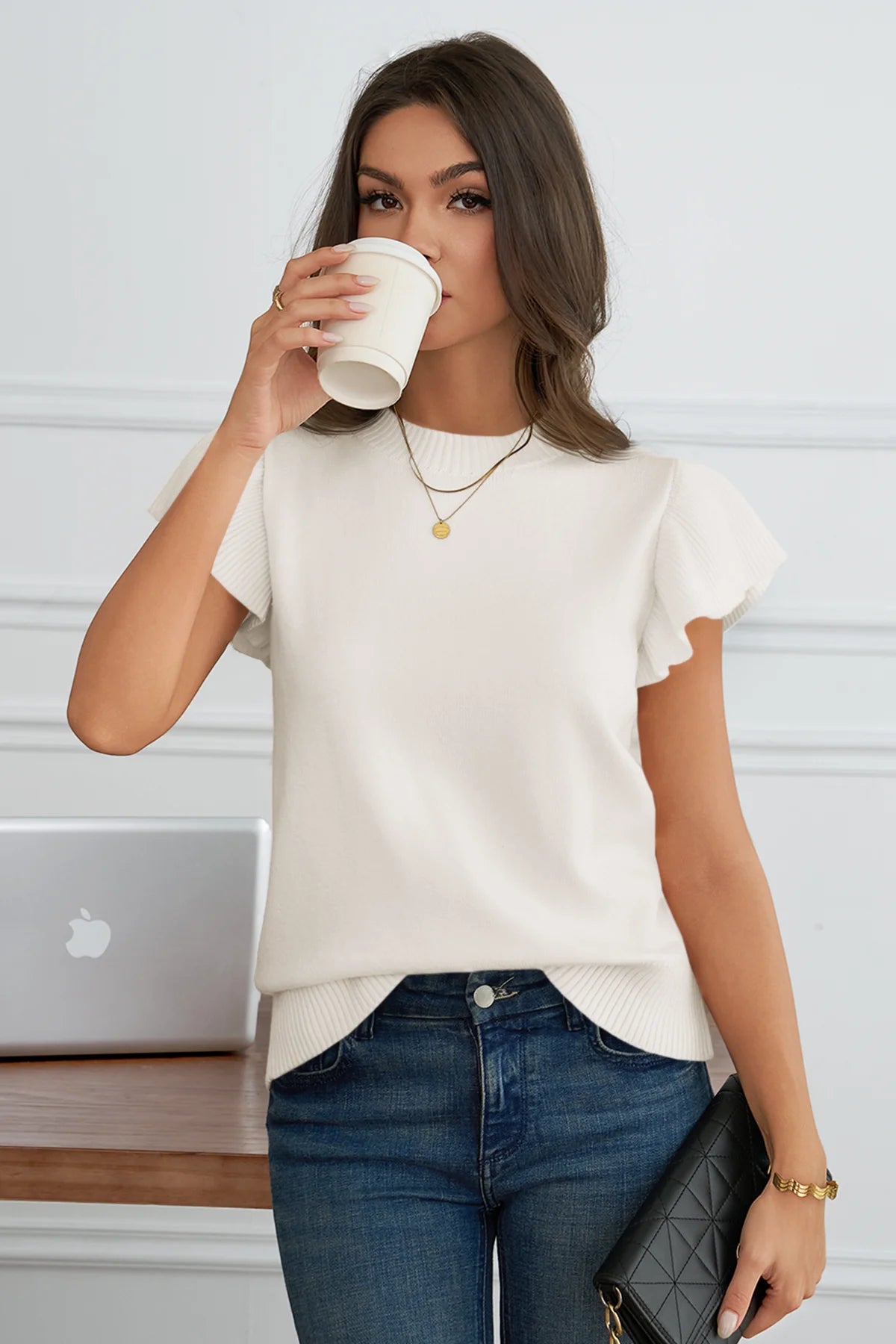 Womens White Ruffle Sleeve Cropped Sweaters | CicyBell