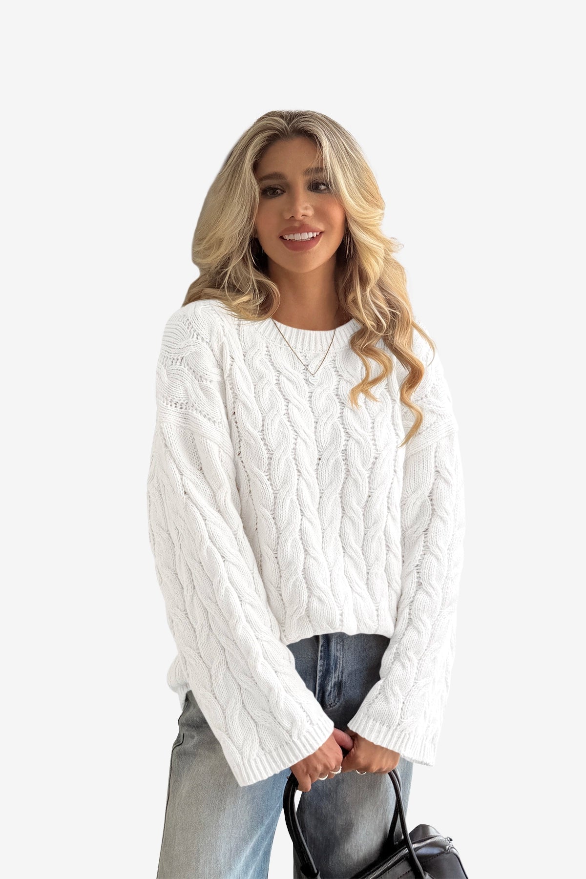 Womens White Oversized Cable Knit Sweaters | CicyBell