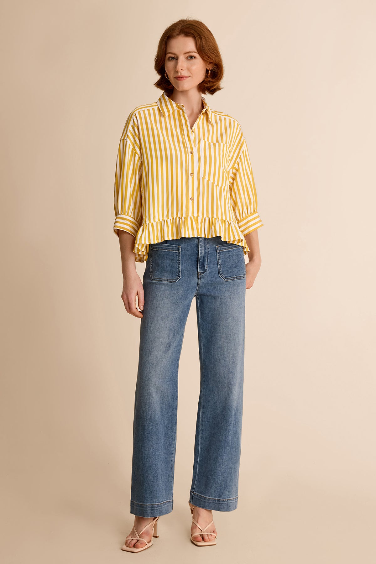 Womens Yellow Ruffle Striped Shirts