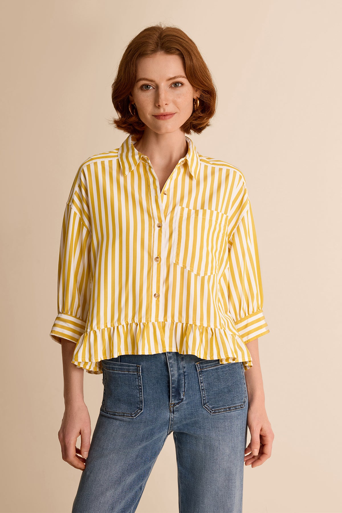 Womens Yellow Ruffle Striped Shirts | CicyBell