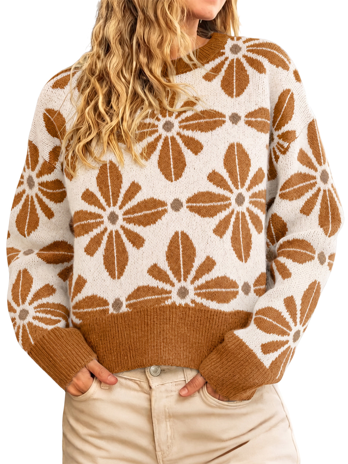 Womens Orange Long Sleeve Floral Sweater | CicyBell