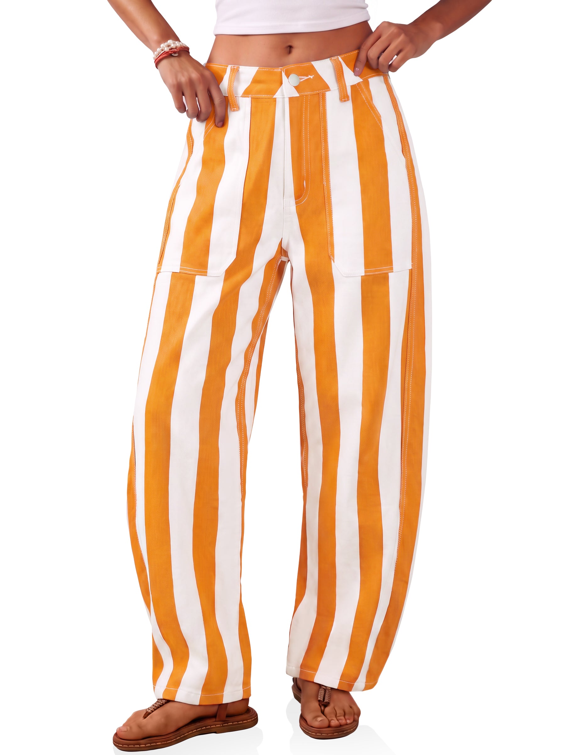 Womens Orange Striped Barrel Jeans | CicyBell