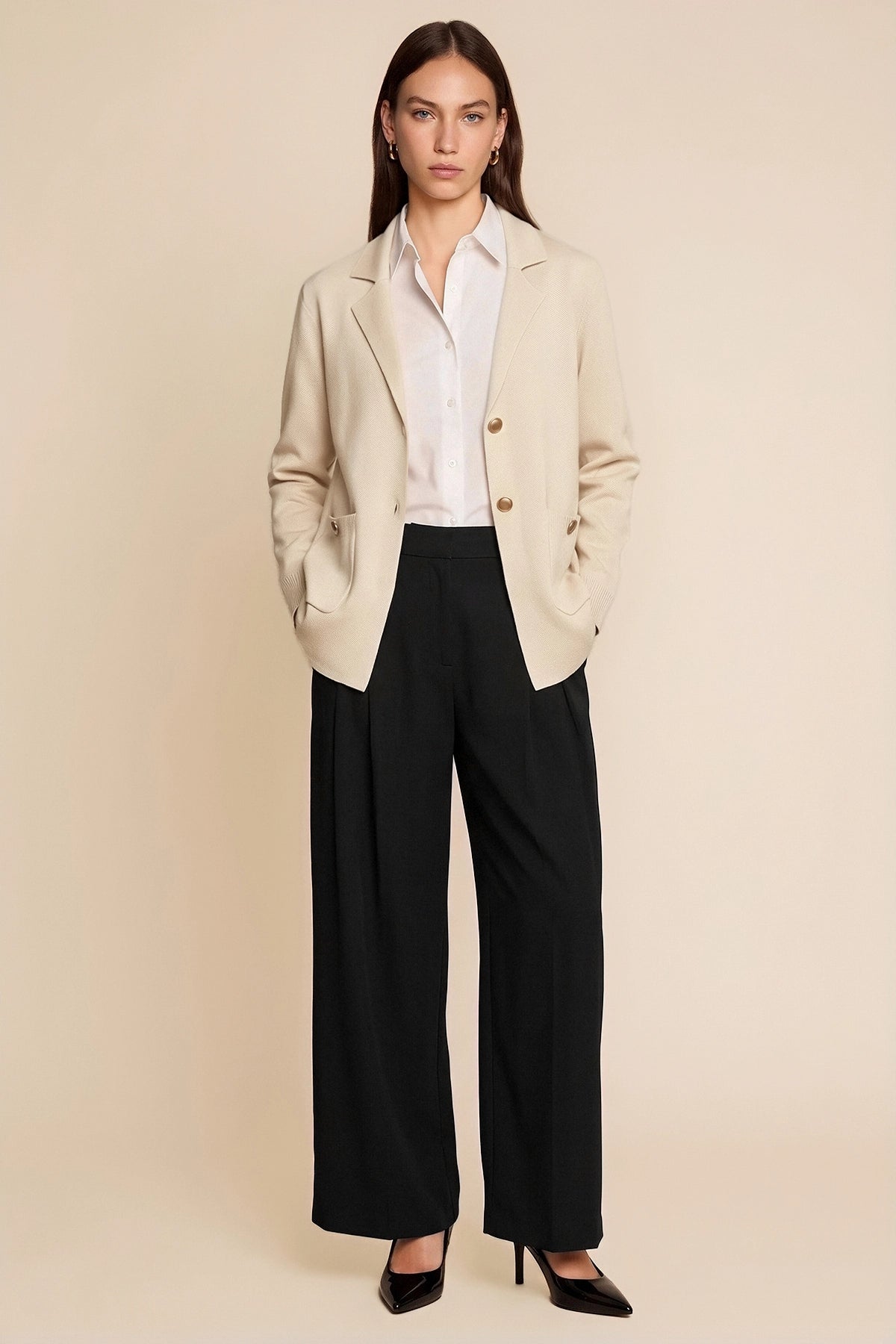 Womens Apricot Long Sleeve Sweater Blazer | CicyBell