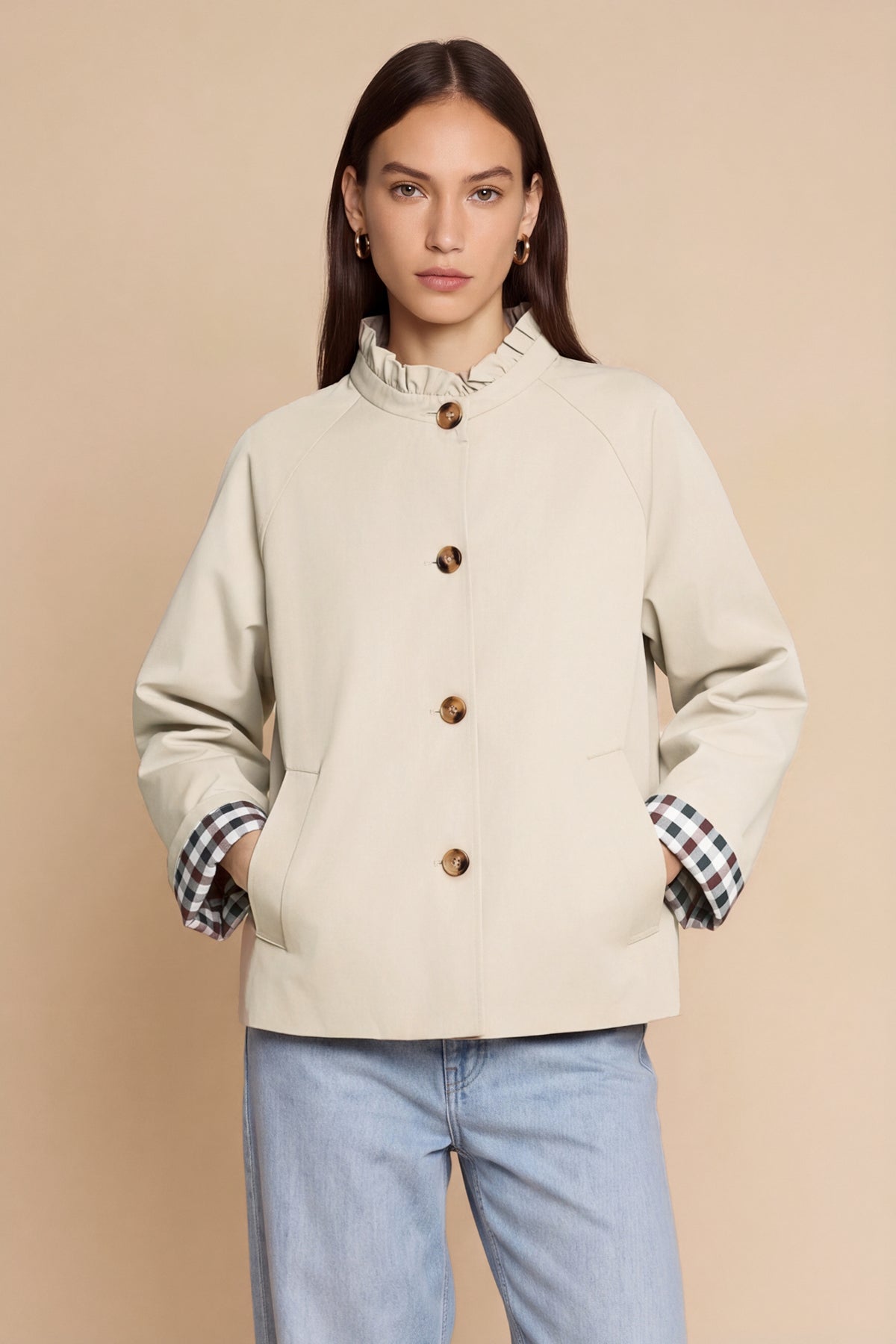 Womens Apricot Ruffle Short Trench Coat | CicyBell