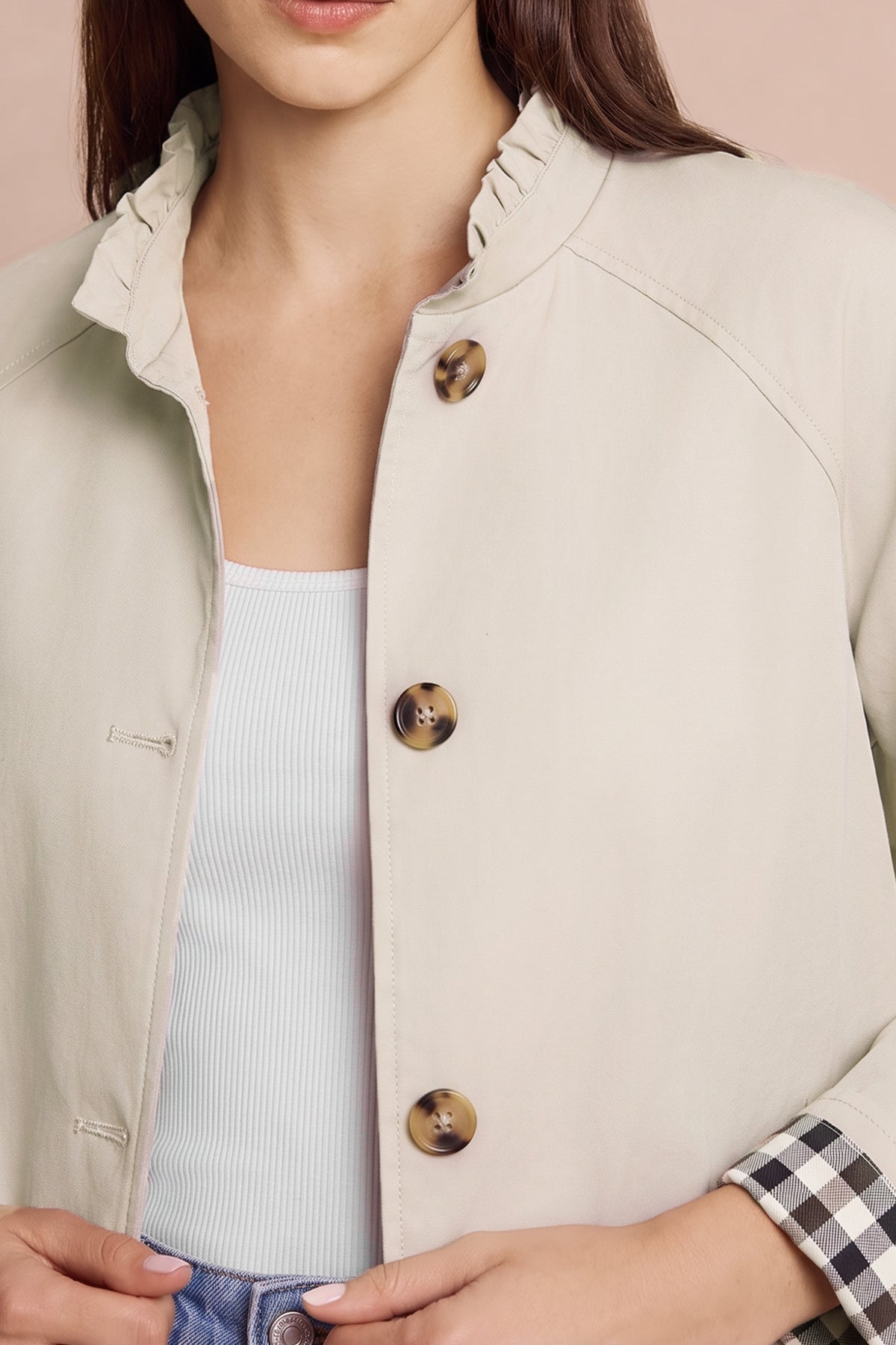 Womens Apricot Ruffle Short Trench Coat | CicyBell