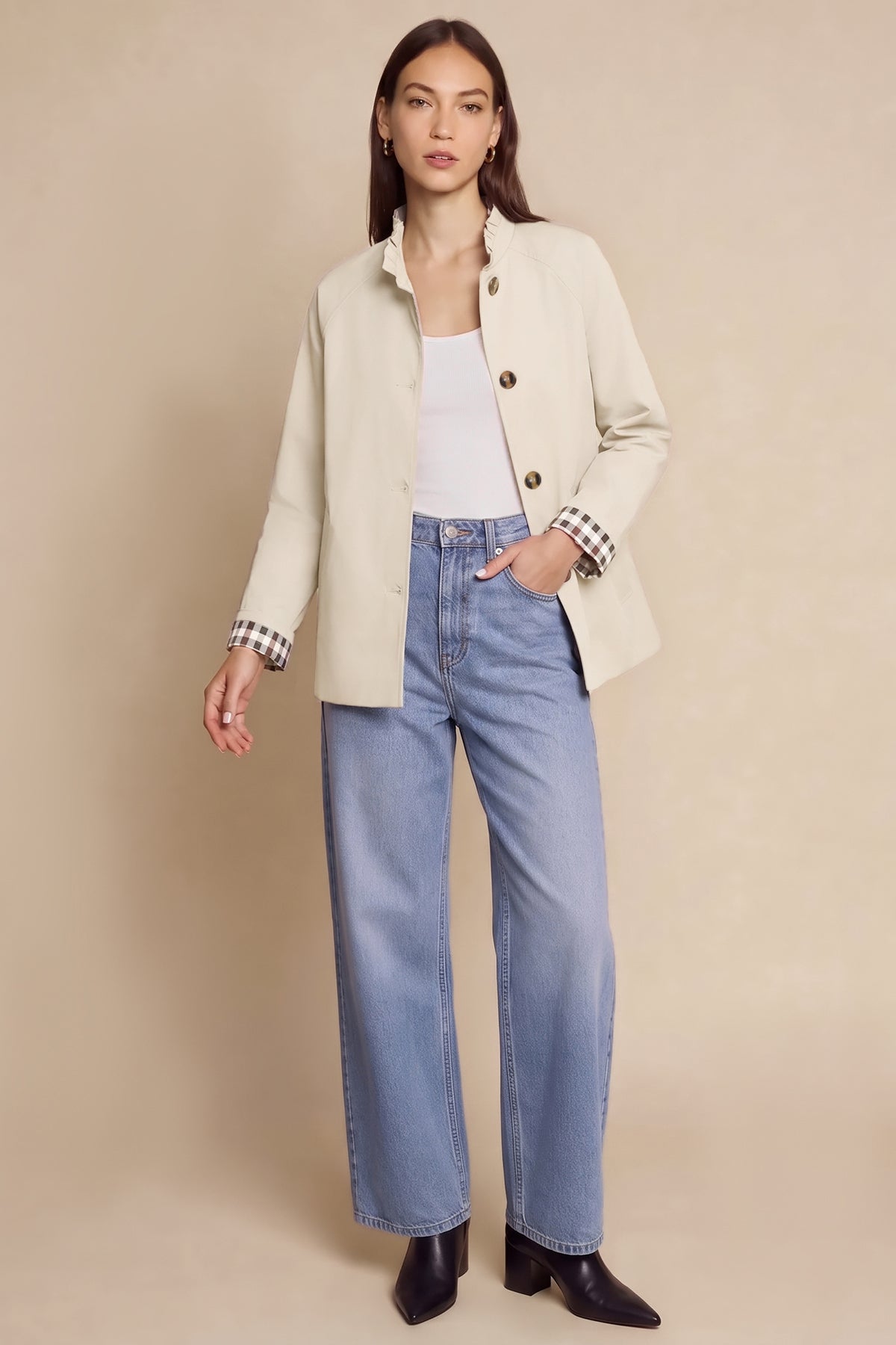 Womens Apricot Ruffle Short Trench Coat | CicyBell