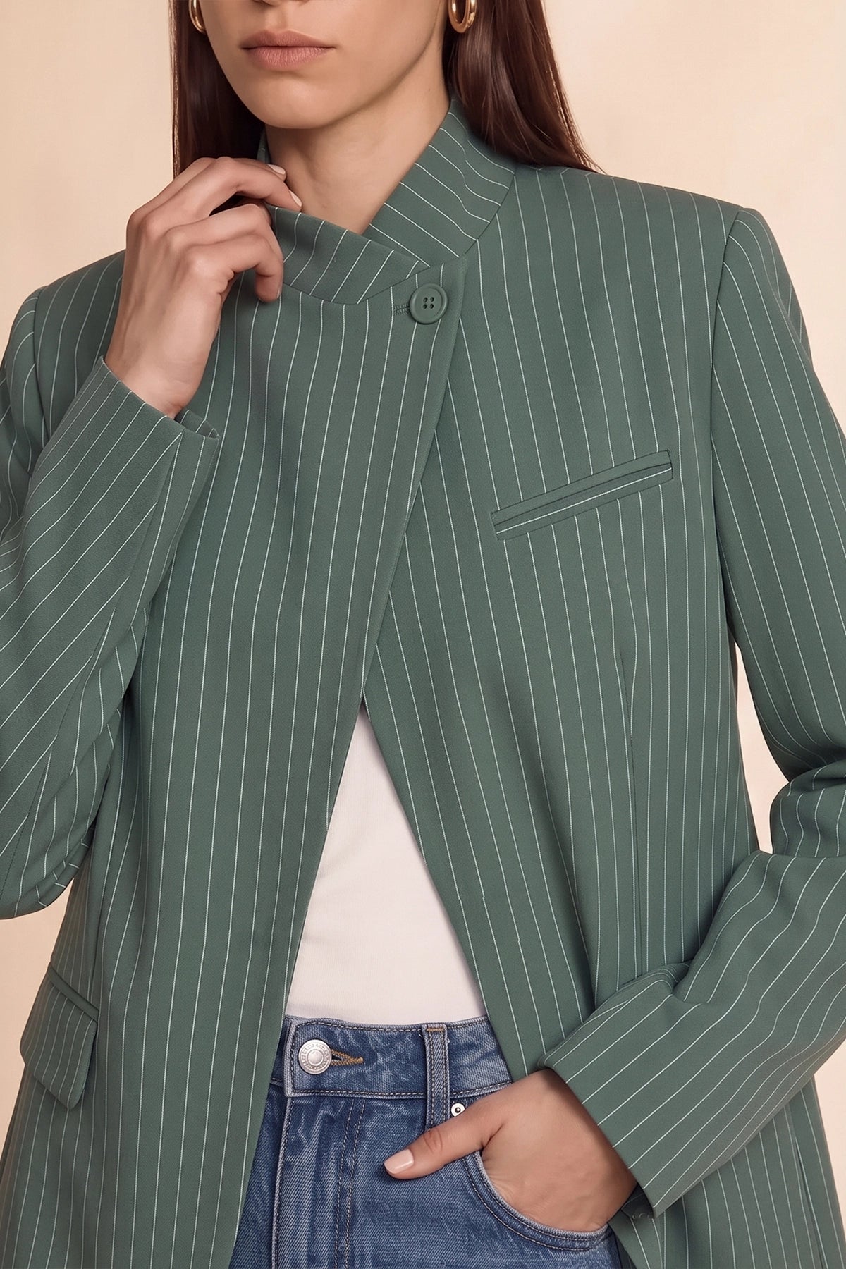 Womens Army Green Professional Striped Blazer | CicyBell