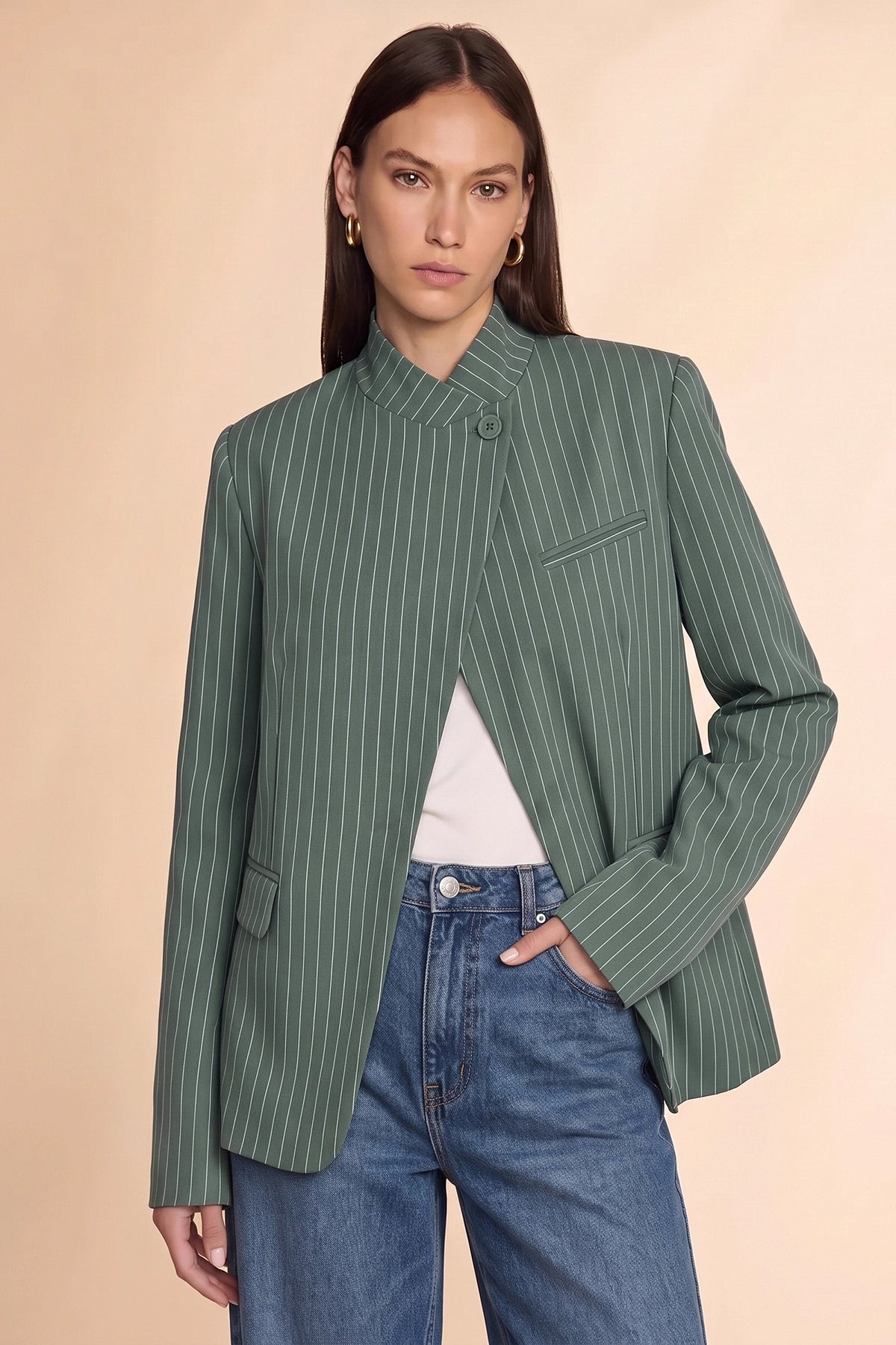 Womens Army Green Professional Striped Blazer | CicyBell