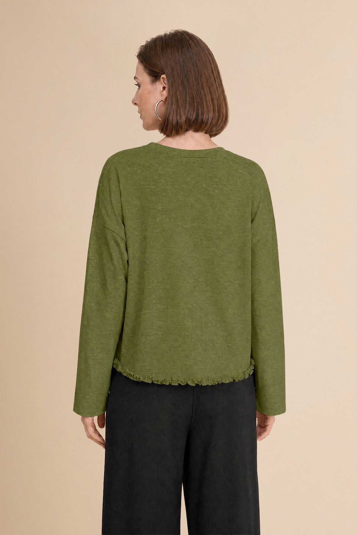 Womens Army Green Oversized Ruffle Hem Tops | CicyBell