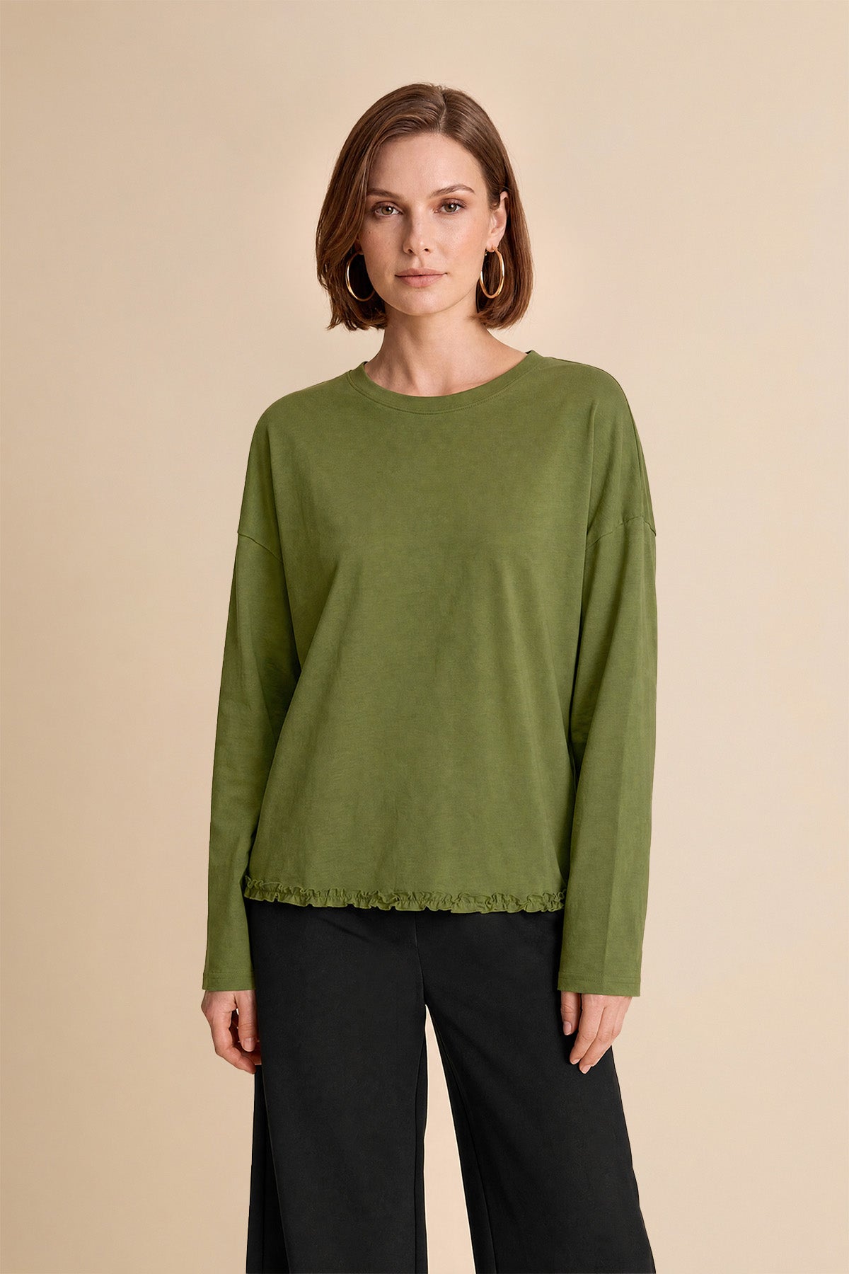 Womens Army Green Oversized Ruffle Hem Tops | CicyBell