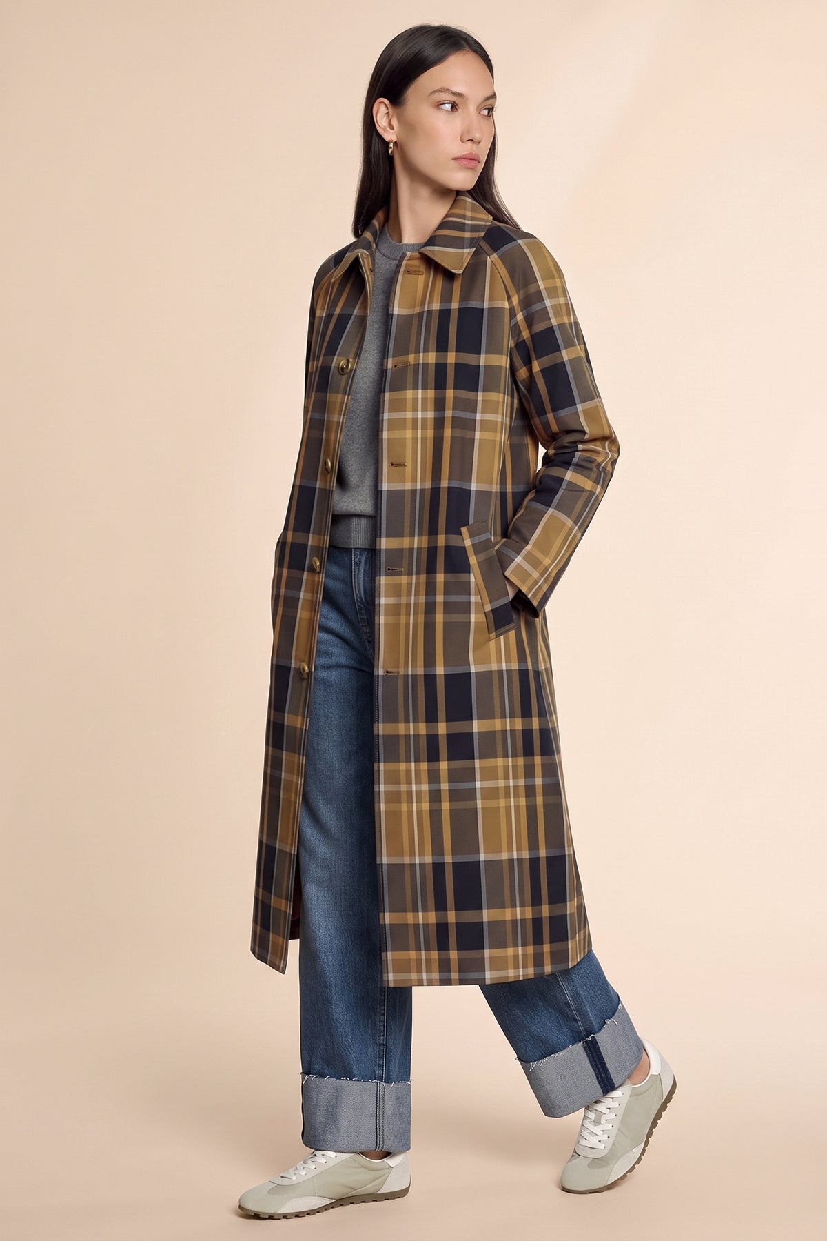 Womens Army Green Plaid Trench Long Coat | CicyBell