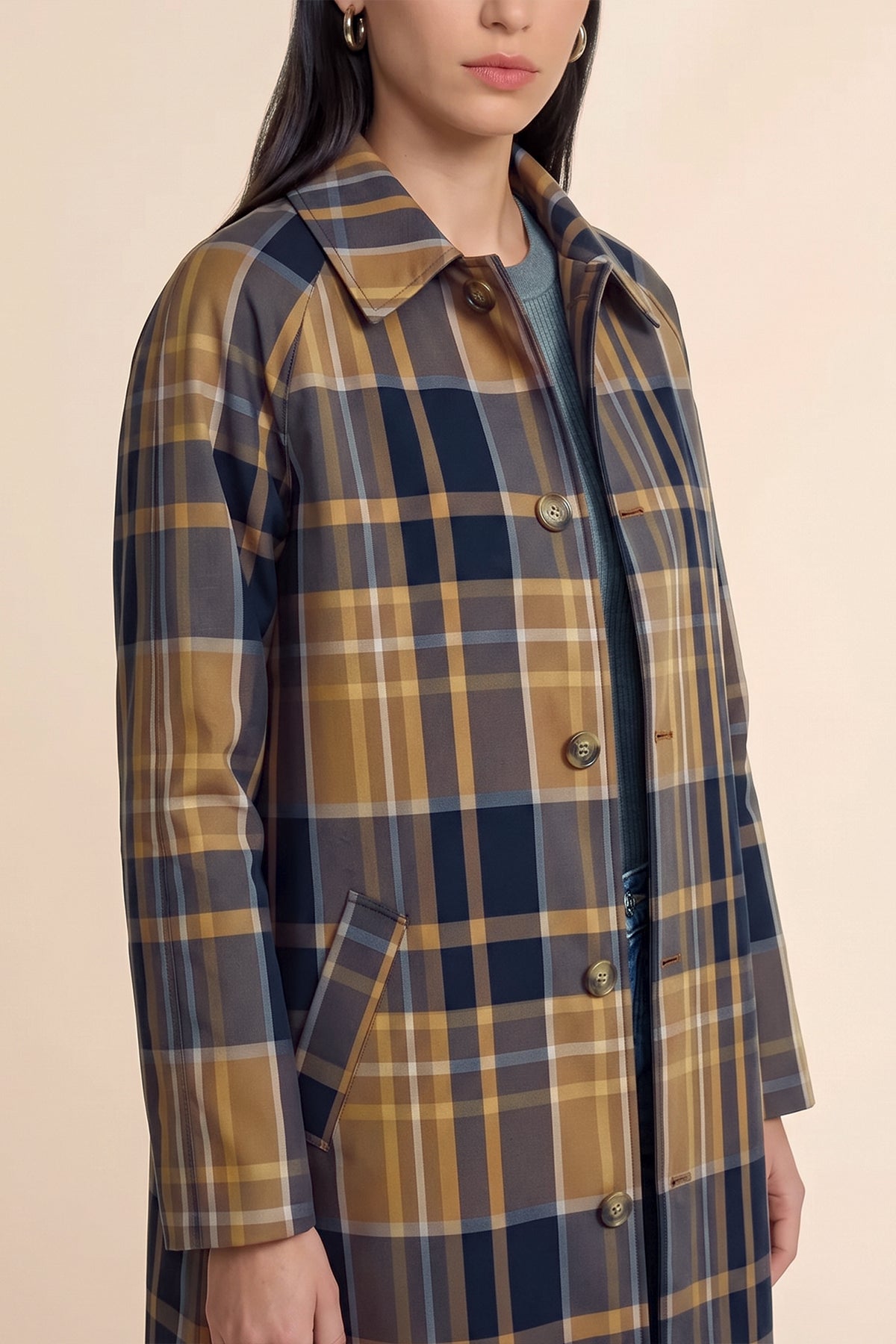 Womens Army Green Plaid Trench Long Coat | CicyBell
