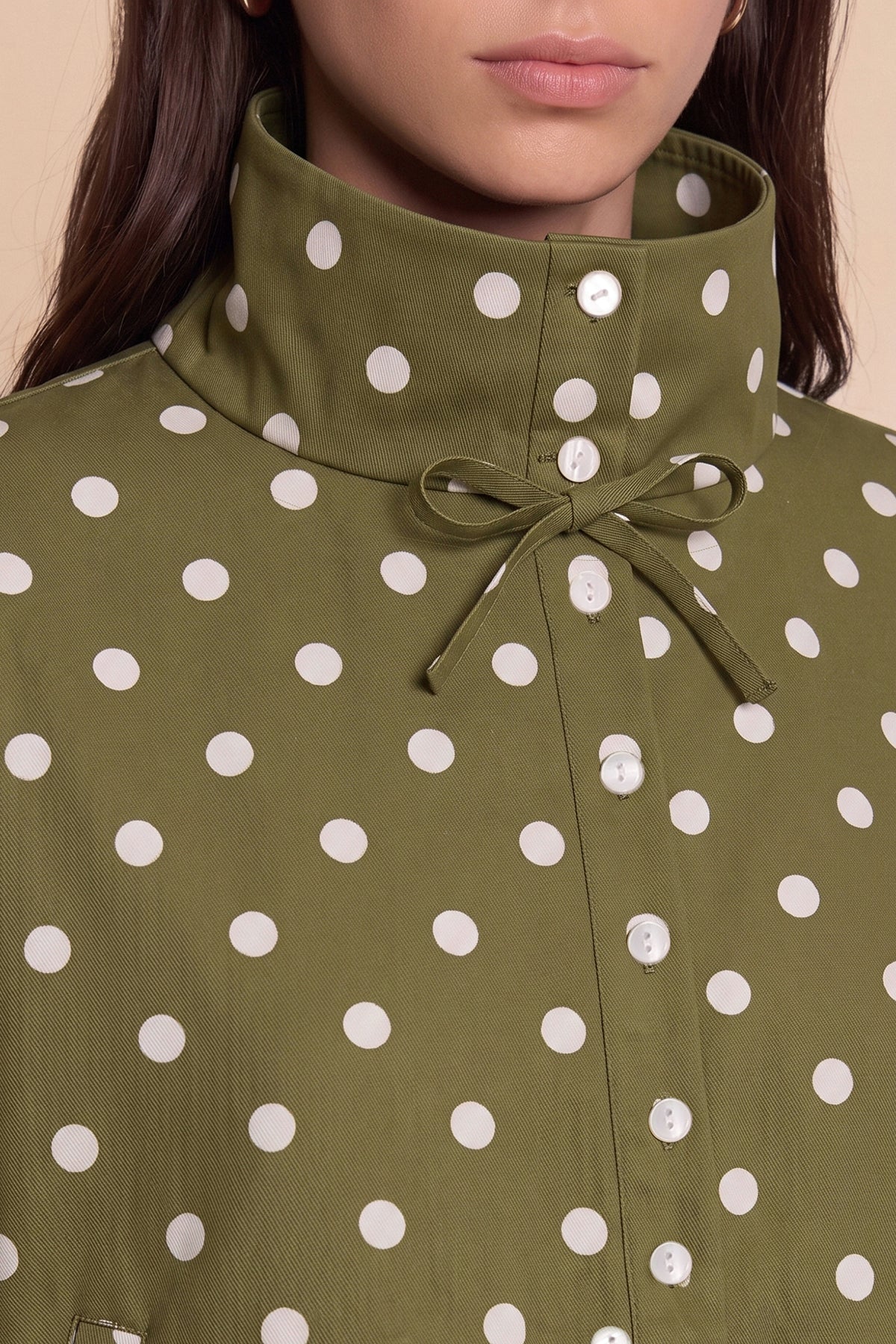Womens Army Green Polka Dot Short Trench Coat | CicyBell