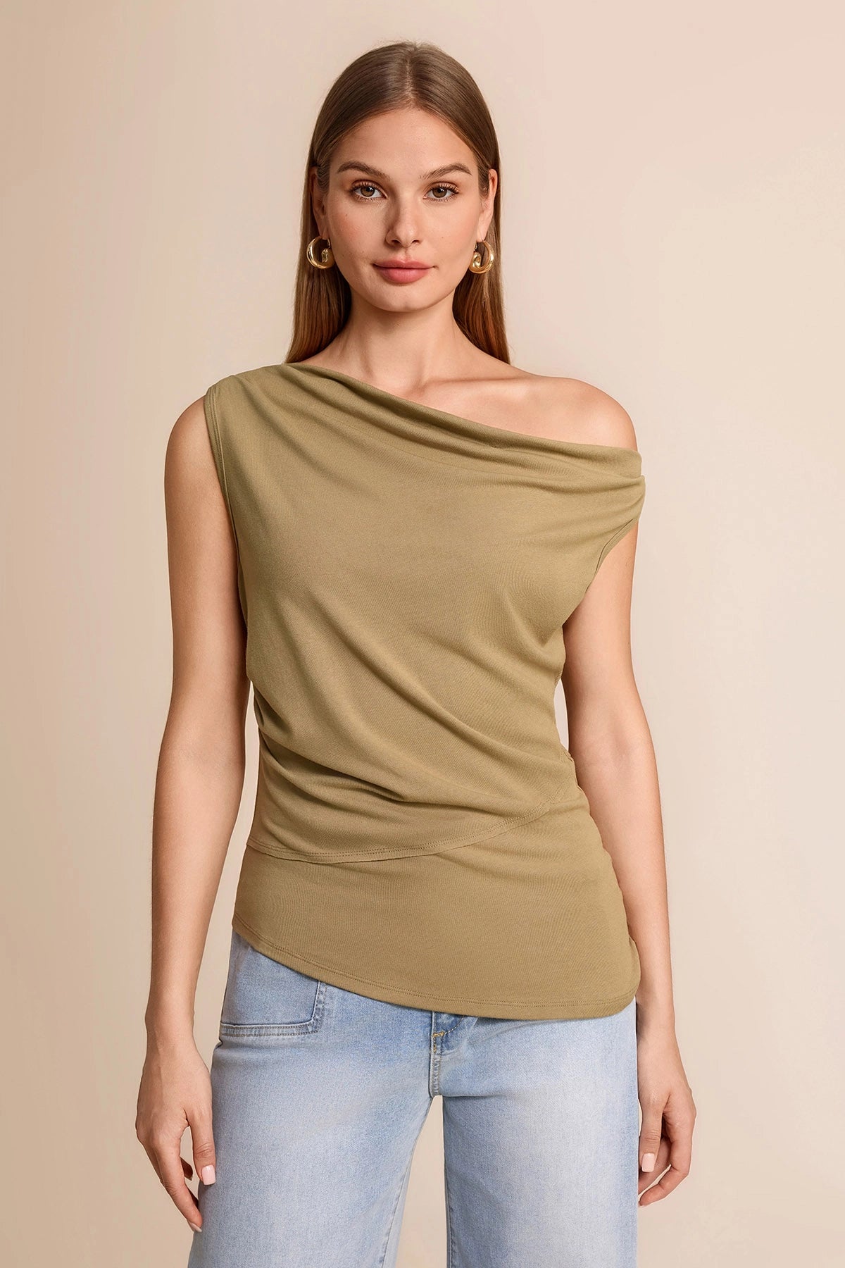 Womens  Army Green Cowl Neck Tank Tops | CicyBell