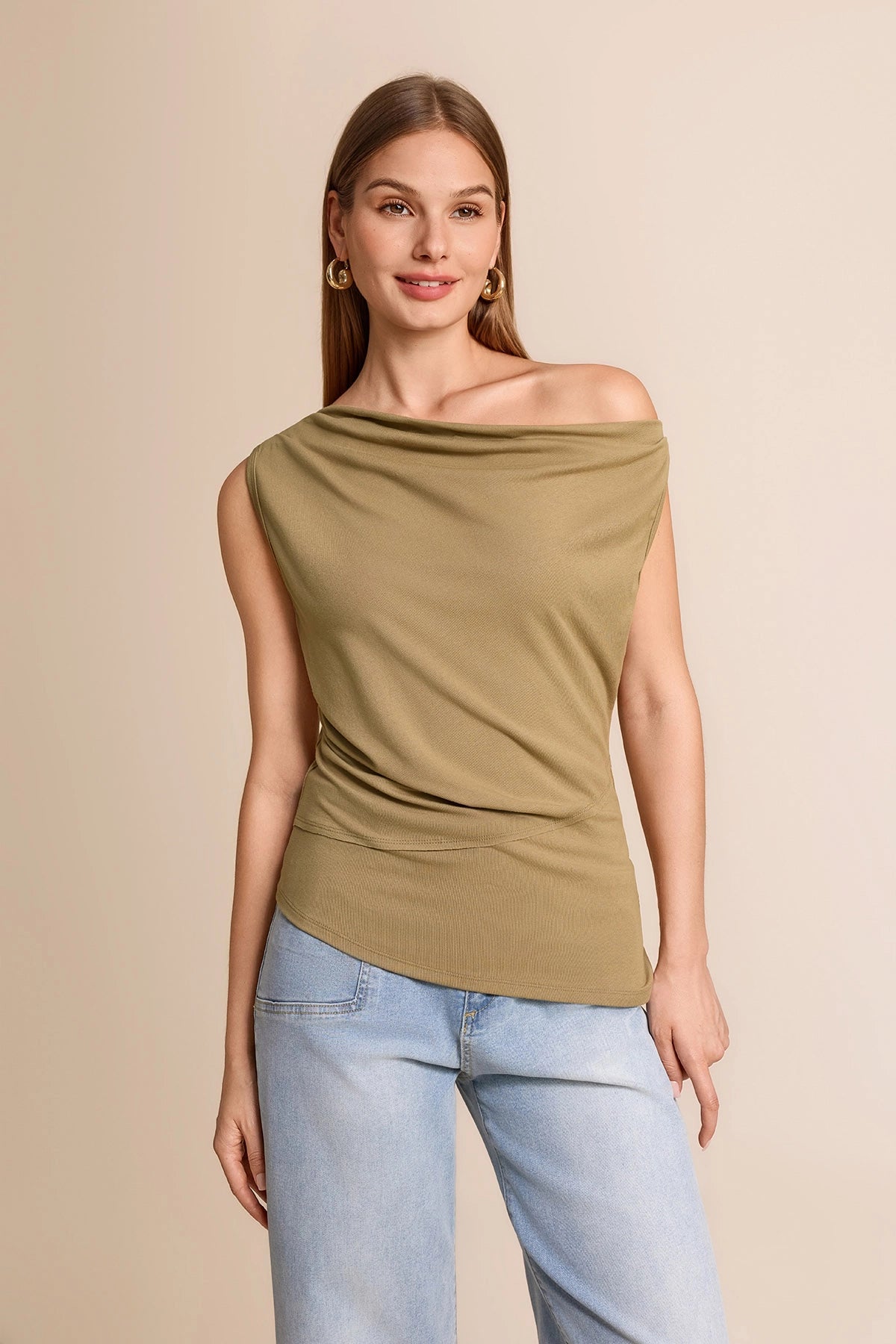 Womens  Army Green Cowl Neck Tank Tops | CicyBell