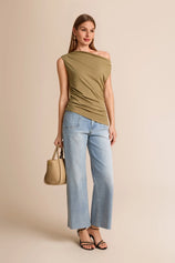 Womens  Army Green Cowl Neck Tank Tops | CicyBell