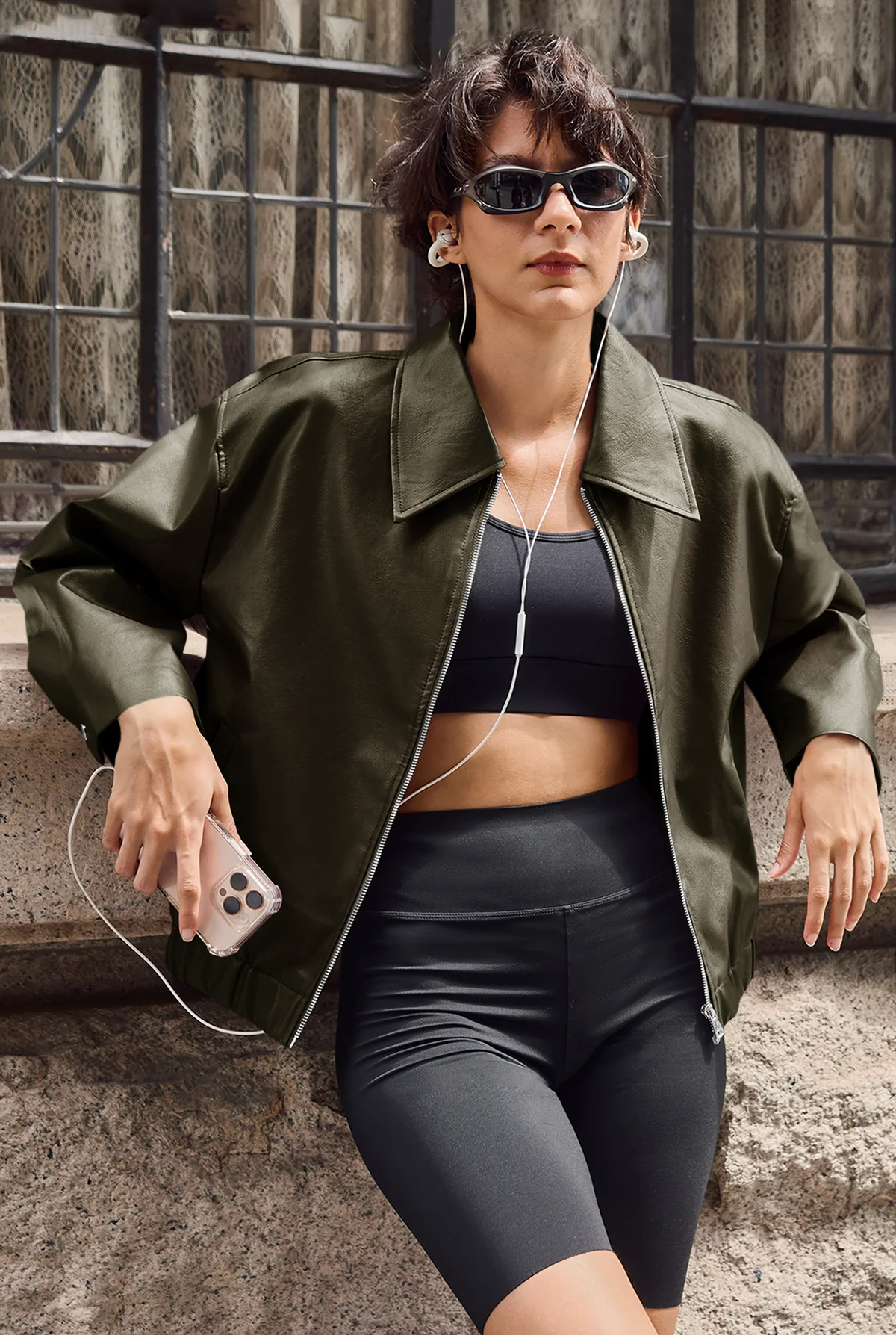 Cicy Bell Womens Army Green Faux Leather Jacket