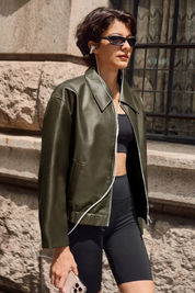 Cicy Bell Womens Army Green Faux Leather Jacket