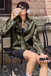 Cicy Bell Womens Army Green Faux Leather Jacket