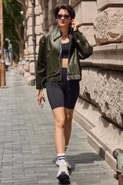 Cicy Bell Womens Army Green Faux Leather Jacket