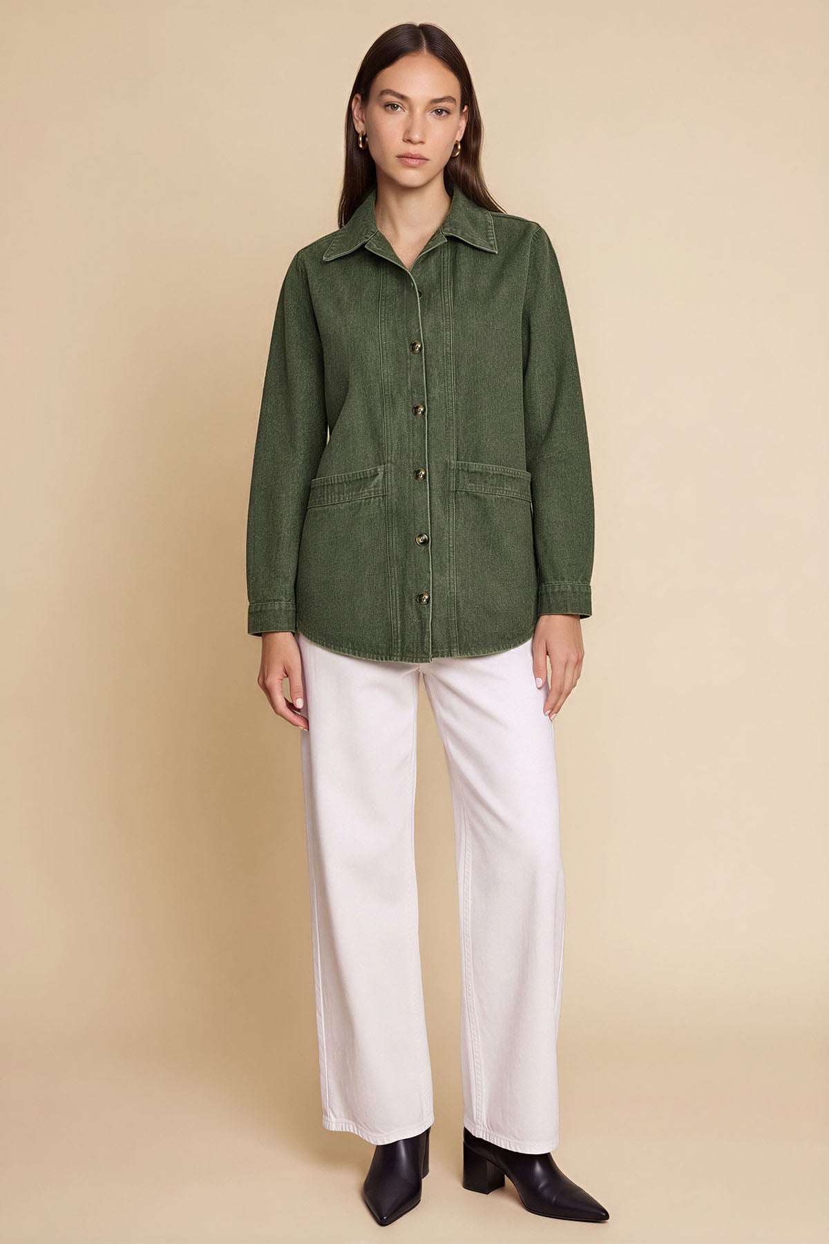 Womens Army Green Button Down Denim Jacket | CicyBell