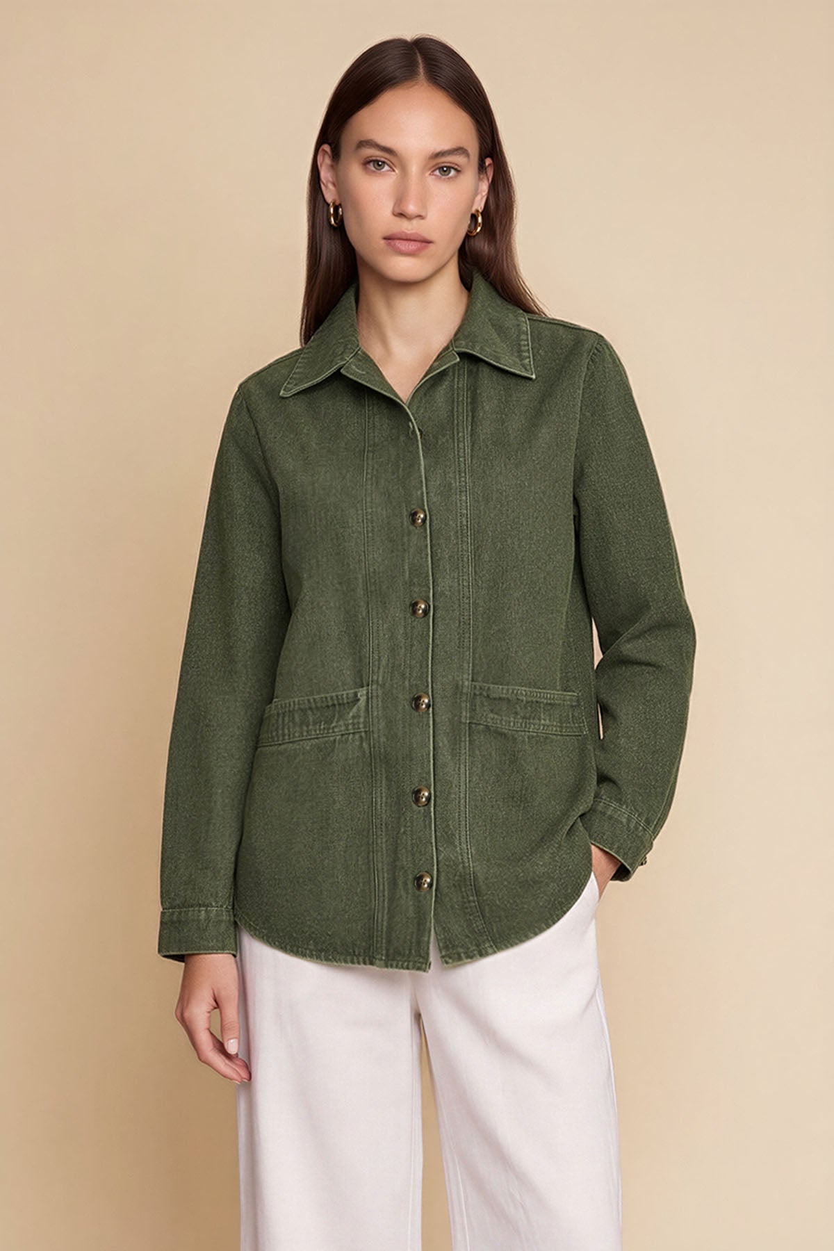 Womens Army Green Button Down Denim Jacket | CicyBell