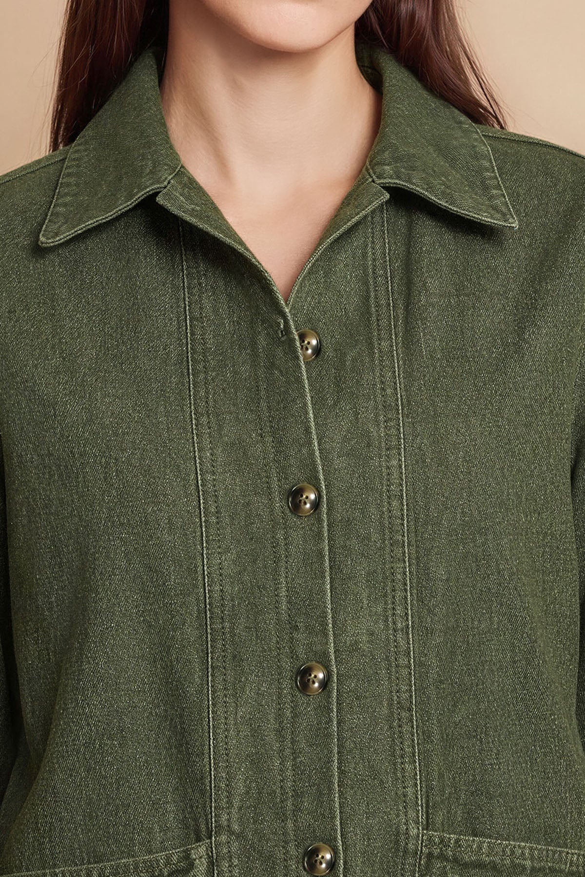 Womens Army Green Button Down Denim Jacket | CicyBell