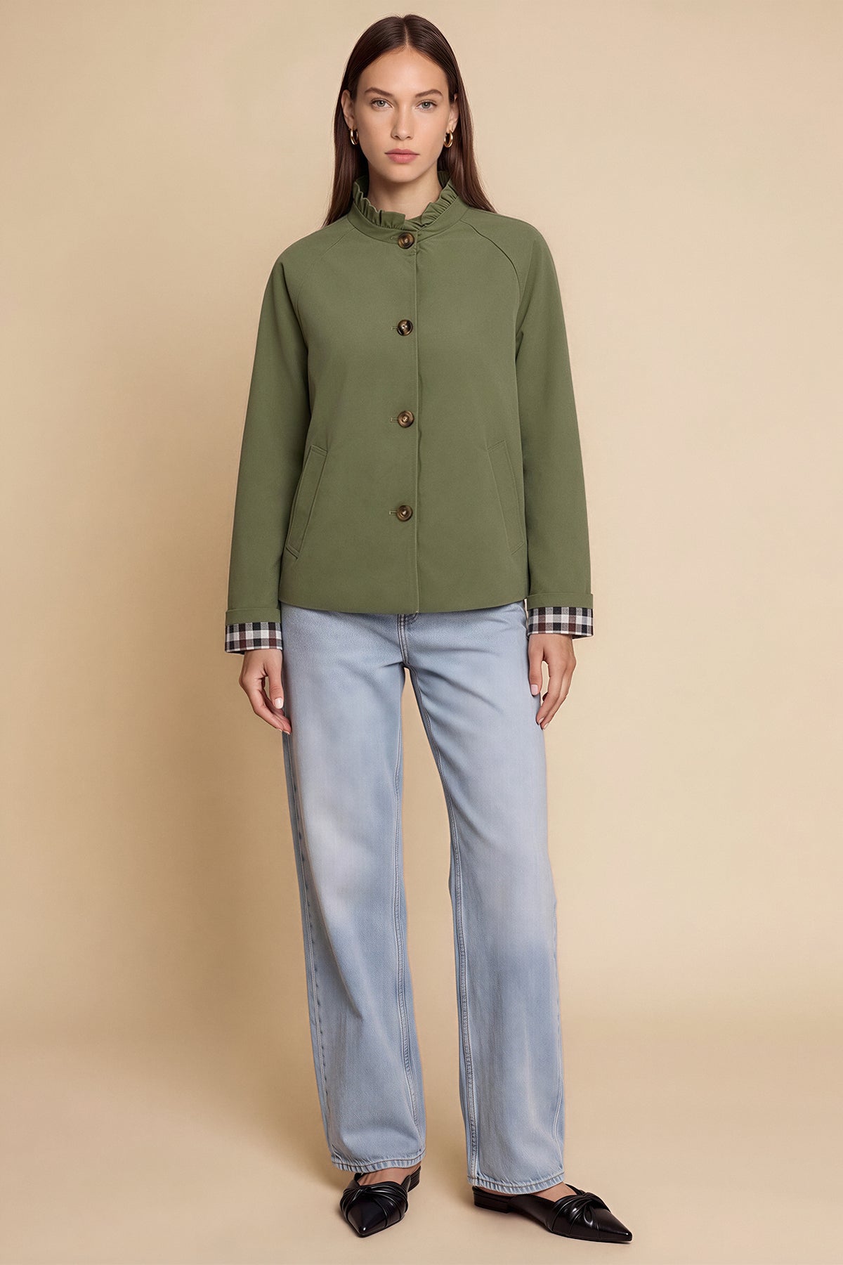 Womens Army Green Ruffle Short Trench Coat | CicyBell