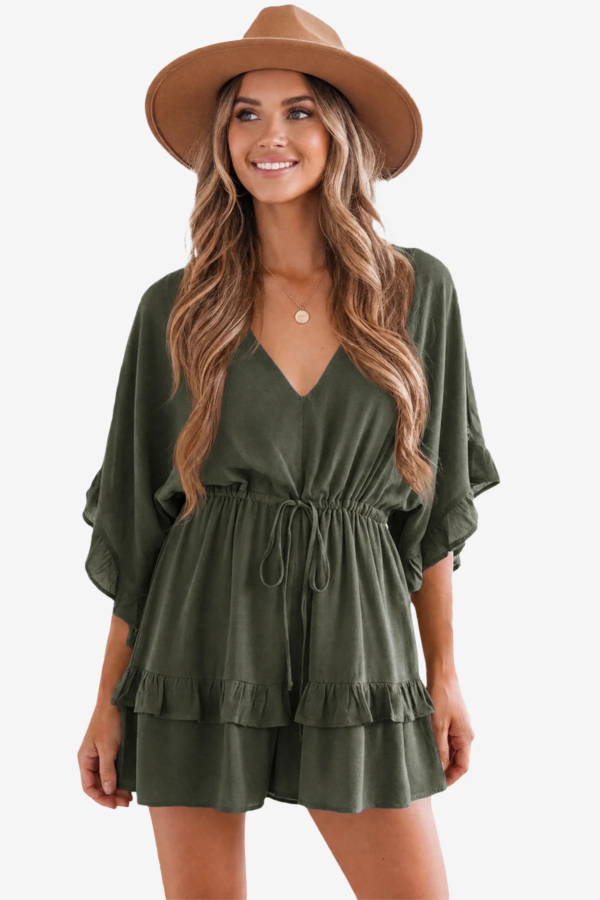 Womens Army Green V-Neck Ruffle Rompers| CicyBell