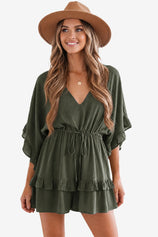 Womens Army Green V-Neck Ruffle Rompers| CicyBell