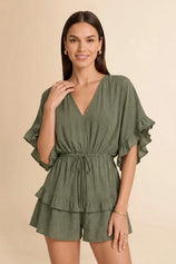 Womens Army Green V-Neck Ruffle Rompers| CicyBell