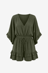 Womens Army Green V-Neck Ruffle Rompers| CicyBell