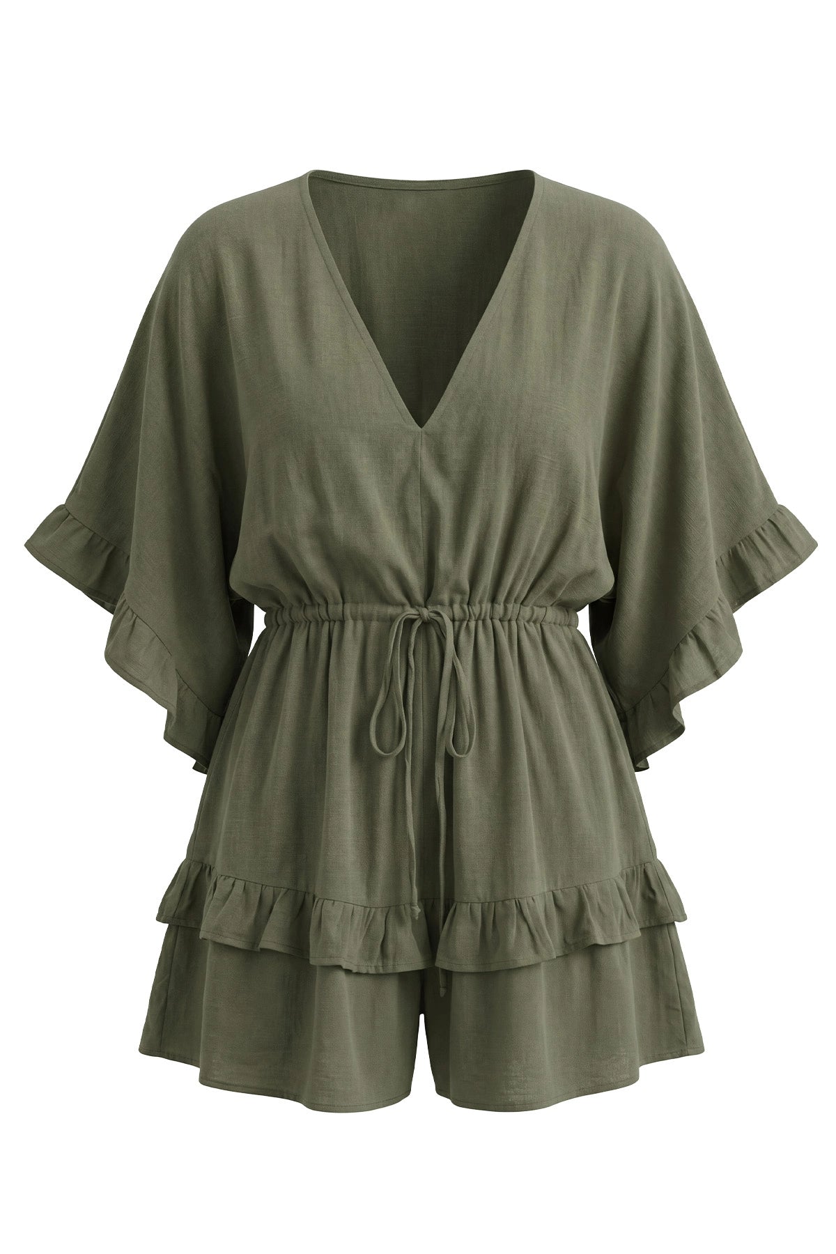 Womens Army Green V-Neck Ruffle Rompers| CicyBell