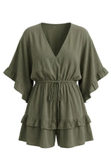 Womens Army Green V-Neck Ruffle Rompers| CicyBell