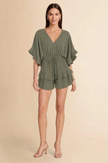 Womens Army Green V-Neck Ruffle Rompers| CicyBell