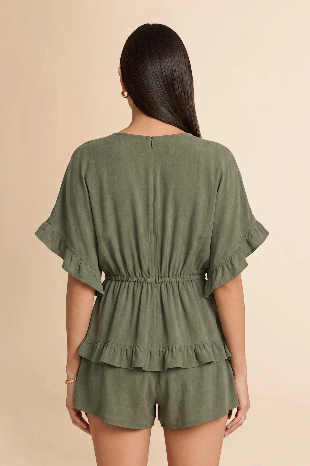 Womens Army Green V-Neck Ruffle Rompers| CicyBell