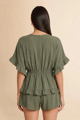 Womens Army Green V-Neck Ruffle Rompers| CicyBell