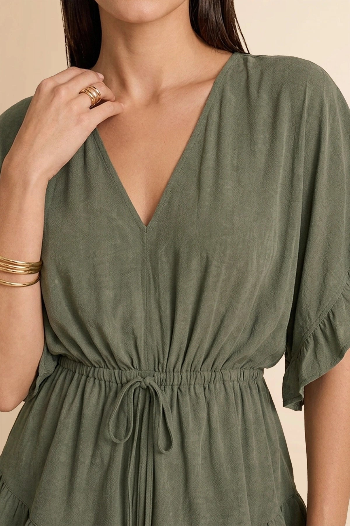 Womens Army Green V-Neck Ruffle Rompers| CicyBell