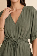 Womens Army Green V-Neck Ruffle Rompers| CicyBell