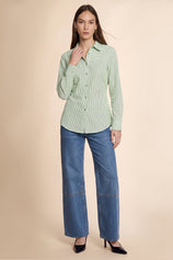Womens Army Green Striped Button Down Shirt | CicyBell