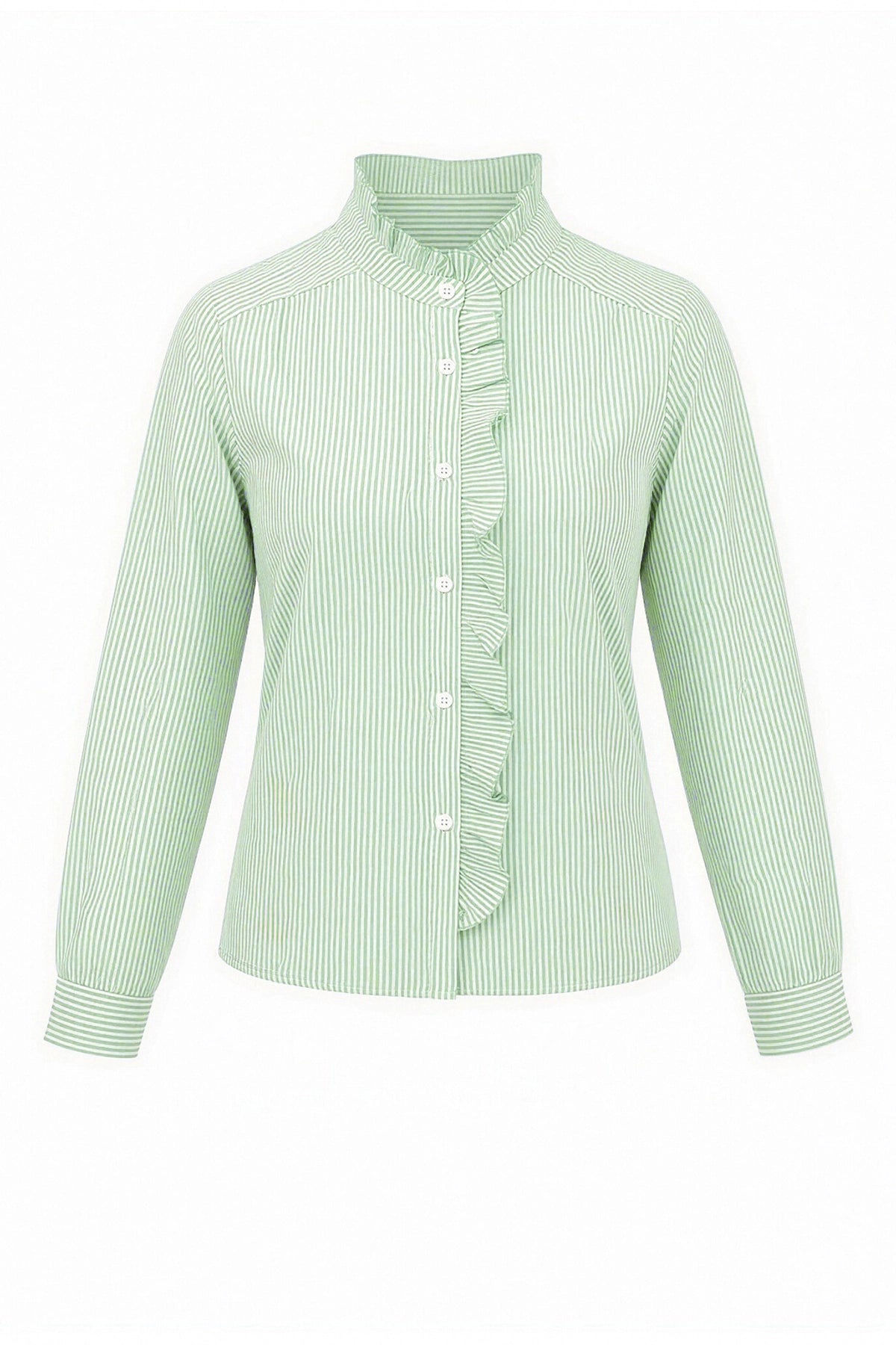 Womens Army Green Ruffle Striped Button Down Shirts | CicyBell