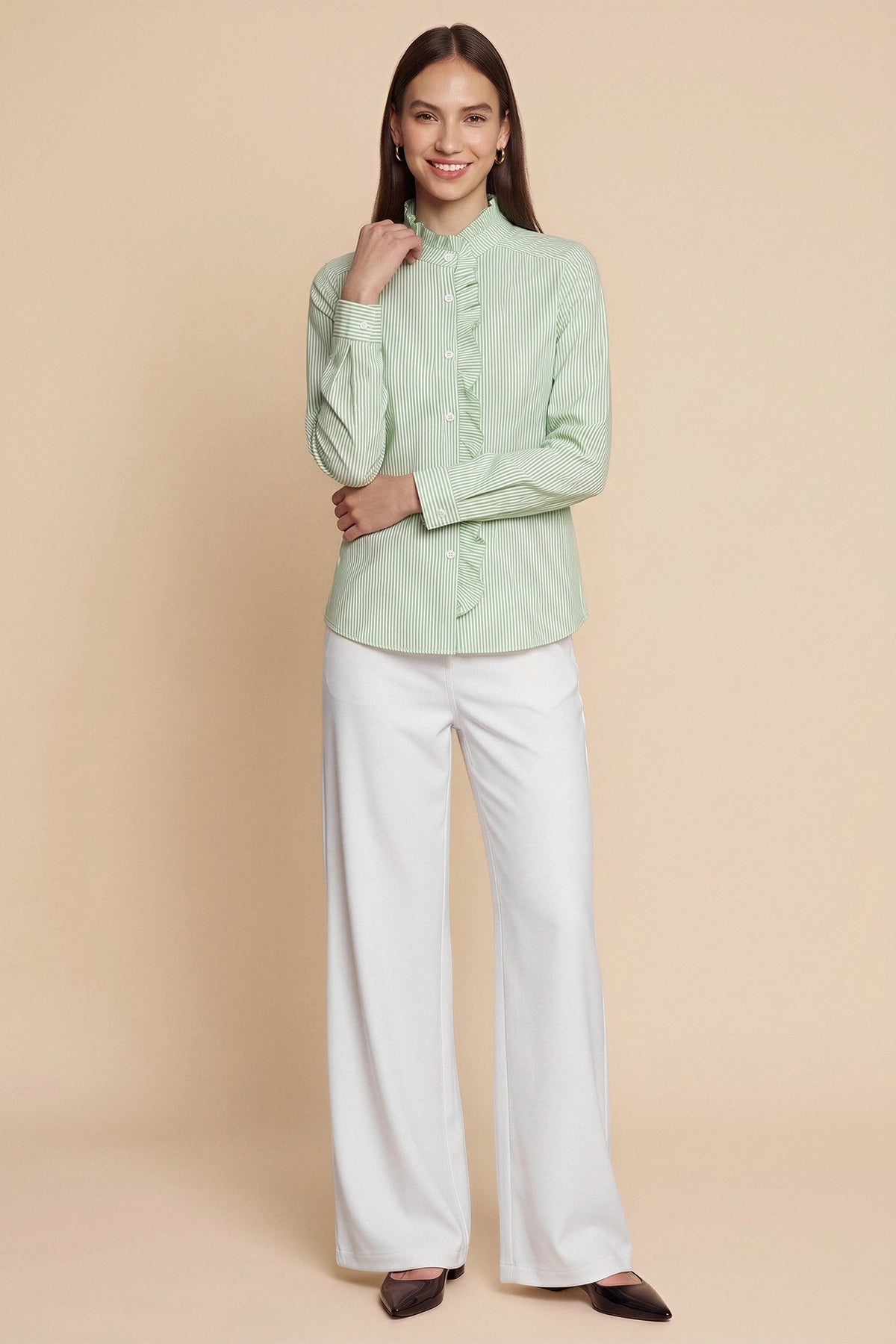 Womens Army Green Ruffle Striped Button Down Shirts | CicyBell