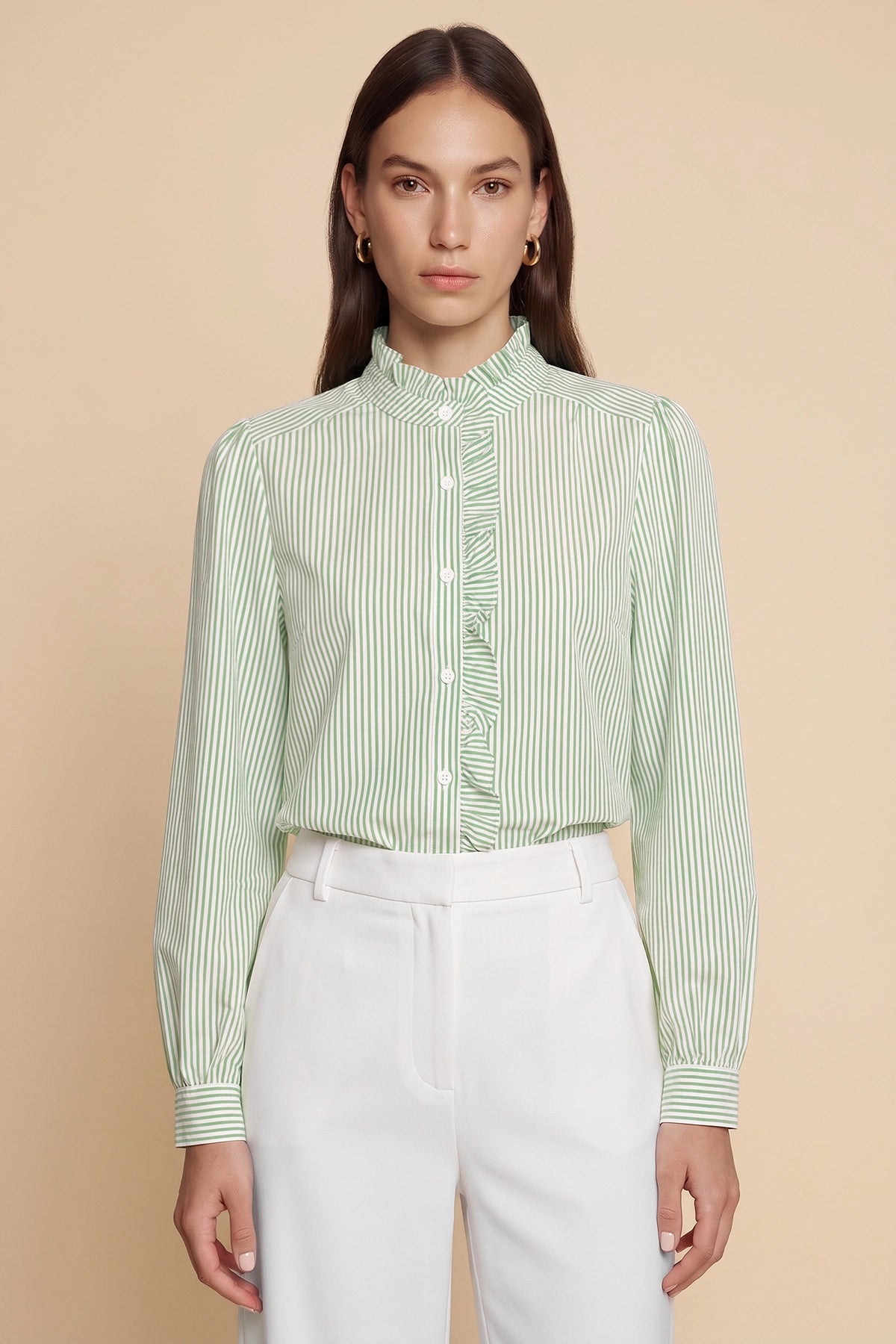 Womens Army Green Ruffle Striped Button Down Shirts | CicyBell