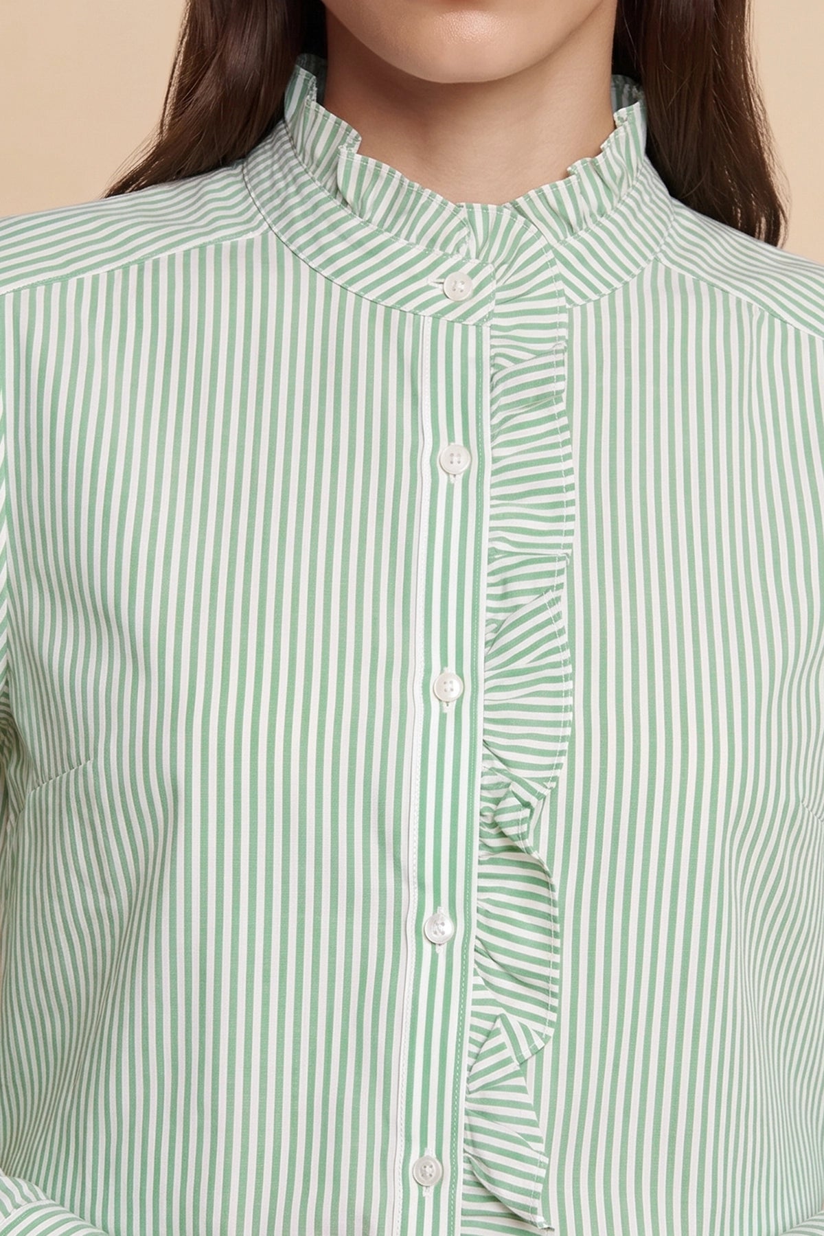 Womens Army Green Ruffle Striped Button Down Shirts | CicyBell
