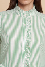 Womens Army Green Ruffle Striped Button Down Shirts | CicyBell