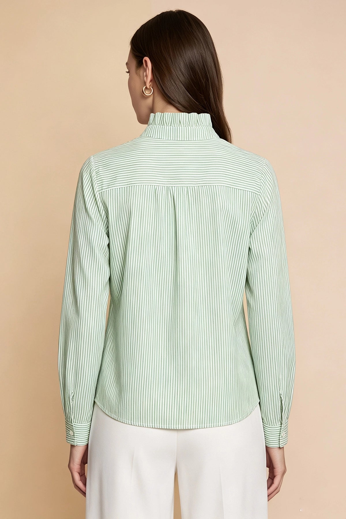 Womens Army Green Ruffle Striped Button Down Shirts | CicyBell