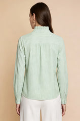 Womens Army Green Ruffle Striped Button Down Shirts | CicyBell