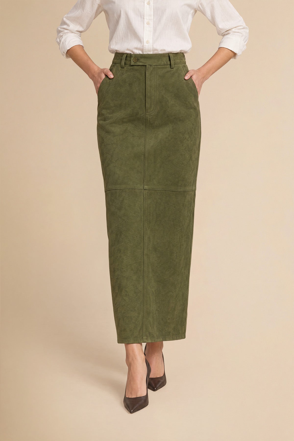 Womens Army Green Suede Maxi Skirt | CicyBell