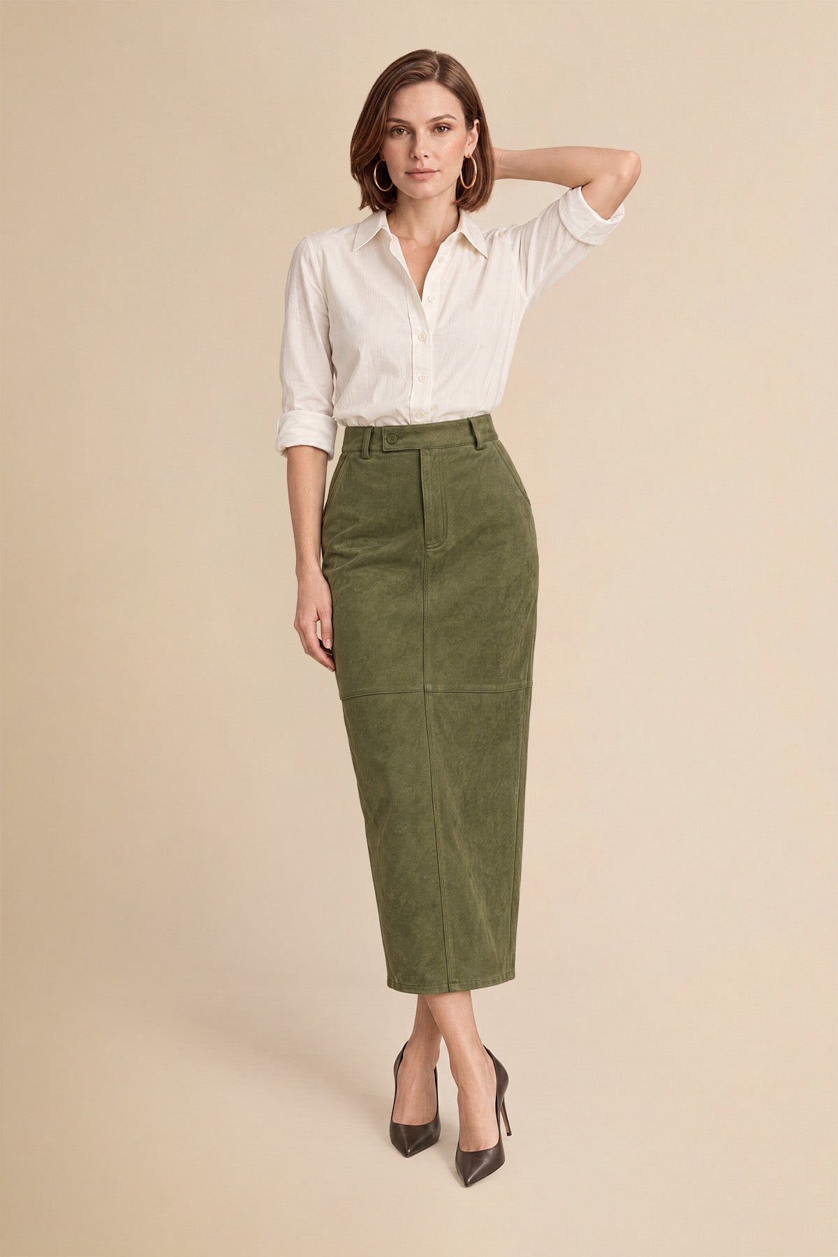 Womens Army Green Suede Maxi Skirt | CicyBell