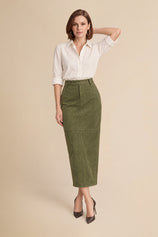 Womens Army Green Suede Maxi Skirt | CicyBell
